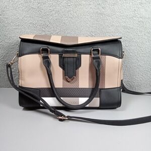 Tan and Black Striped Satchel Crossbody Handbag with Gold Hardware